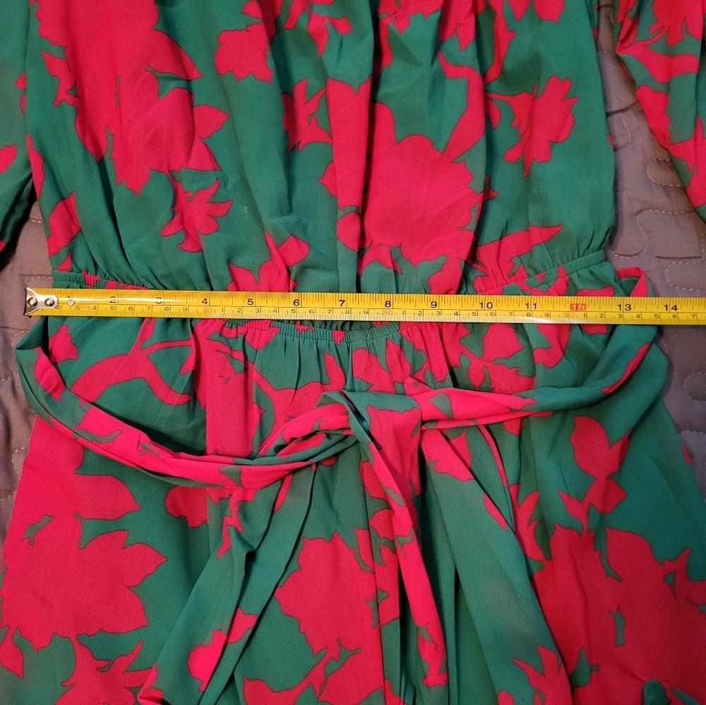 Jealous Tomato Green & Red Romper, Elastic Waist w/front Tie, Medium, Like New - Picture 5 of 9